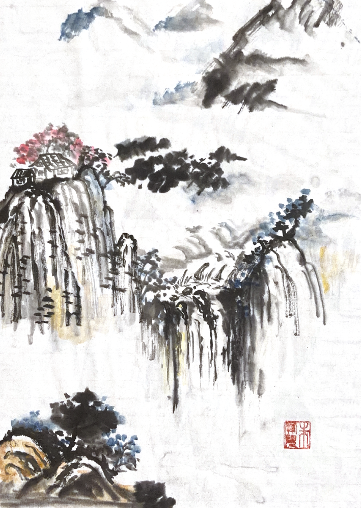 中國傳統水墨山水畫，描繪了山巒和樹木